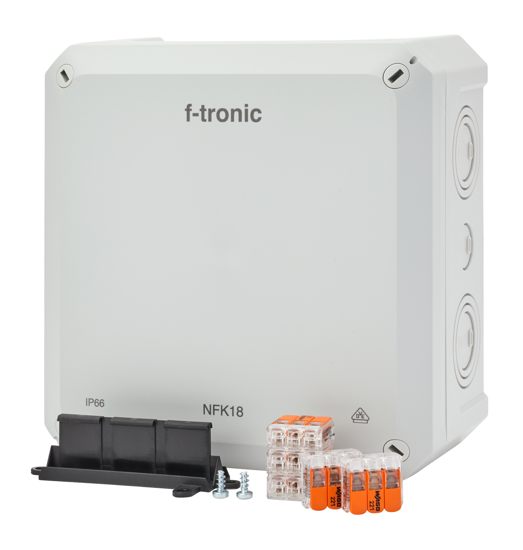 F-Tronic FR-Abzweigkasten 180x180x93mm, Klemmen 6qmm, Klemmenhalter, IP66, PS, grau, NFK18gr-K6 F-Tronic FR-Abzweigkasten 180x180x93mm, Klemmen 6qmm, Klemmenhalter, IP66, PS, grau, NFK18gr-K6